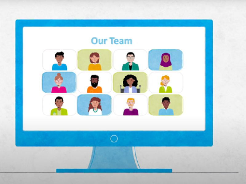 animated graphic of people on a computer screen