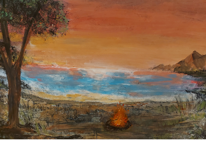 A painting of a fire, tree and lake