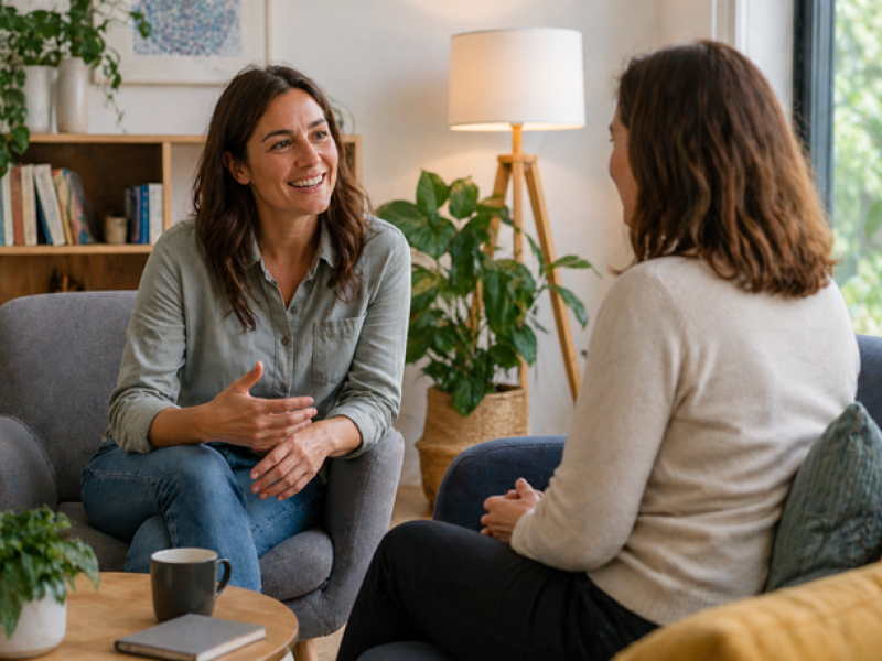 Two women chatting in a relaxed setting