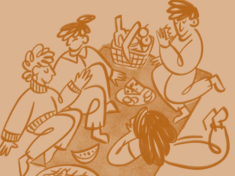 Illustration of four people relaxing together around a picnic spread with food and drinks
